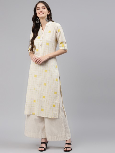 

Readiprint Fashions Women Off-White Checked Pure Cotton Kurta