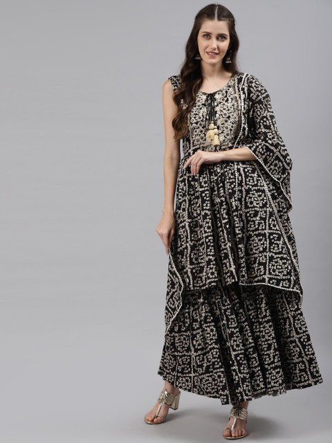 

Readiprint Fashions Women Black Bandhani Printed Cotton Anarkali Kurta & Sharara & Dupatta