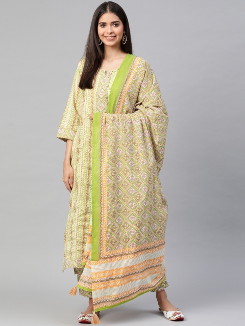 

Readiprint Fashions Women Green Ethnic Motifs Printed Gotta Patti Pure Cotton Kurta Set