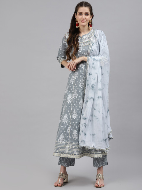 

Readiprint Fashions Women Grey Ethnic Motifs Cotton Anarkali Kurta with Trousers & Dupatta