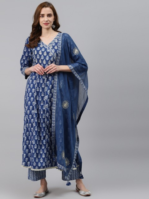 

Readiprint Fashions Women Blue Ethnic Motifs Printed Regular Pure Cotton Kurta with Pyjamas & With Dupatta