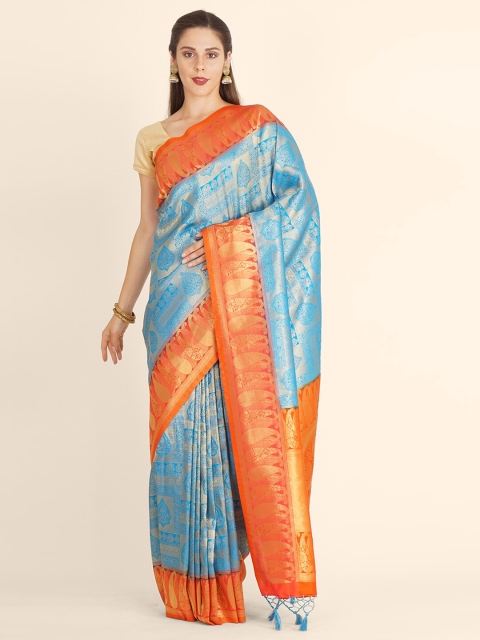 

Bangalore Silk Emporium Blue & Orange Woven Design Zari Satin Kanjeevaram Saree