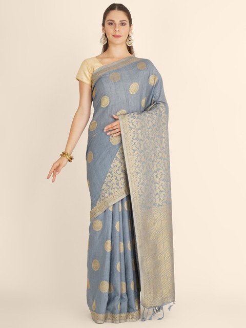 

Bangalore Silk Emporium Grey Woven Design Zari Linen Blend Kanjeevaram Saree