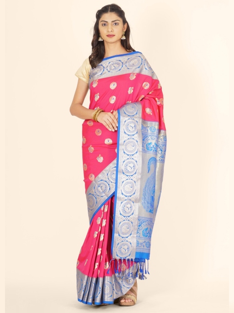 

Bangalore Silk Emporium Pink & Silver-Toned Woven Design Zari Silk Blend Kanjeevaram Saree