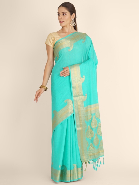 

Bangalore Silk Emporium Blue & Gold-Toned Zari Linen Blend Kanjeevaram Saree