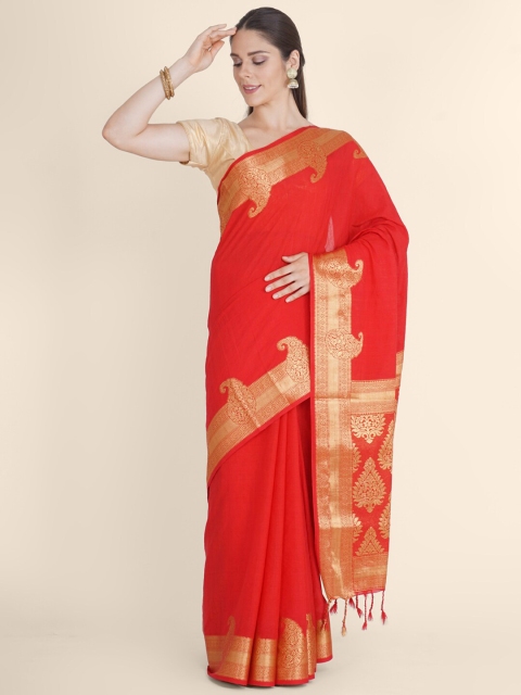 

Bangalore Silk Emporium Red & Gold-Toned Zari Linen Blend Kanjeevaram Saree