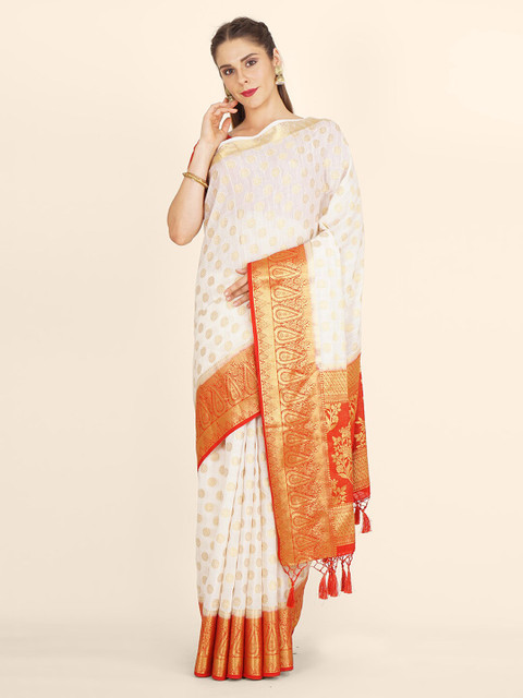 

Bangalore Silk Emporium White & Gold-Toned Woven Design Zari Linen Blend Kanjeevaram Saree