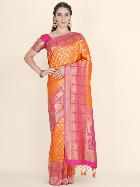 

Bangalore Silk Emporium Orange & Magenta Woven Design Zari Satin Kanjeevaram Saree