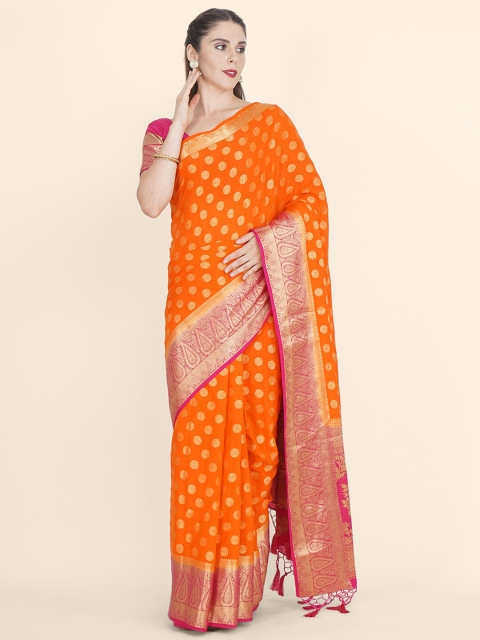 

Bangalore Silk Emporium Orange & Gold-Toned Woven Design Zari Linen Blend Kanjeevaram Saree