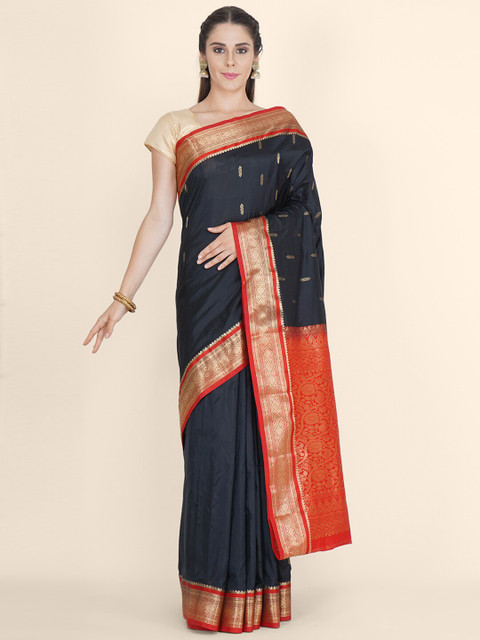 

Bangalore Silk Emporium Black & Red Woven Design Zari Pure Silk Kanjeevaram Saree