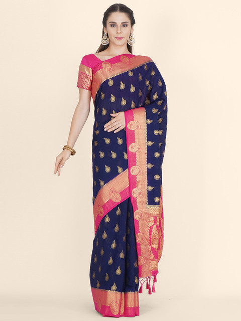 

Bangalore Silk Emporium Blue & Pink Woven Design Zari Linen Blend Kanjeevaram Saree