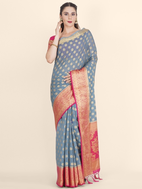 

Bangalore Silk Emporium Grey Woven Design Zari Linen Blend Kanjeevaram Saree