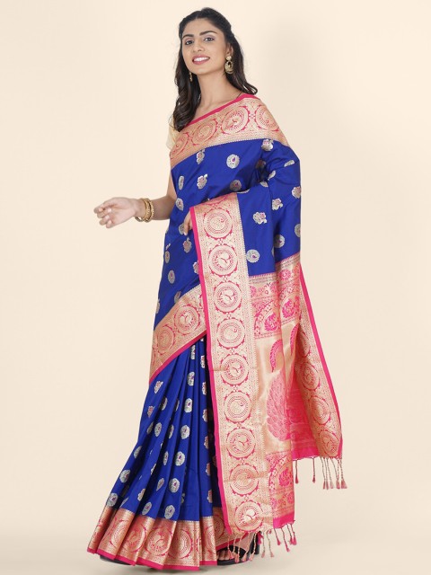 

Bangalore Silk Emporium Blue & Pink Woven Design Zari Silk Blend Kanjeevaram Saree