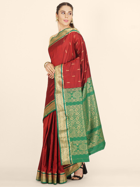 

Bangalore Silk Emporium Maroon & Green Woven Design Zari Pure Silk Kanjeevaram Saree