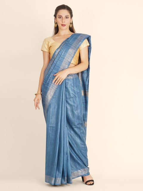 

Bangalore Silk Emporium Blue Striped Linen Blend Kanjeevaram Saree