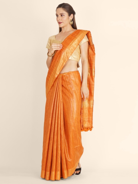 

Bangalore Silk Emporium Orange Woven Design Zari Linen Blend Kanjeevaram Saree