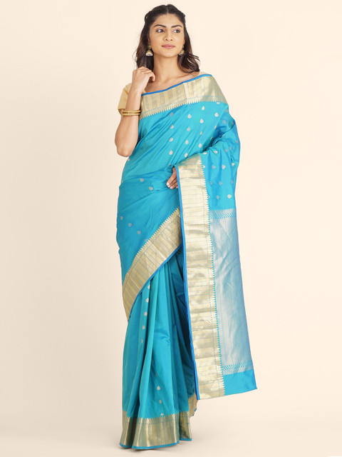 

Bangalore Silk Emporium Blue & Gold-Toned Woven Design Zari Silk Blend Kanjeevaram Saree
