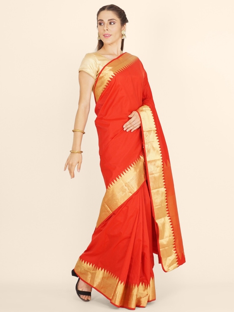 

Bangalore Silk Emporium Red & Gold-Toned Zari Silk Blend Kanjeevaram Saree