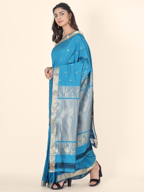 

Bangalore Silk Emporium Blue & Gold-Toned Woven Design Zari Silk Blend Kanjeevaram Saree
