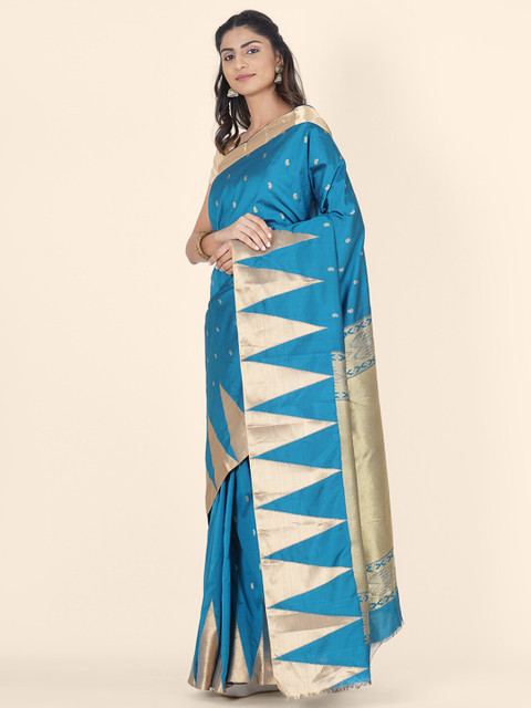 

Bangalore Silk Emporium Blue & Gold-Toned Woven Design Zari Silk Blend Kanjeevaram Saree