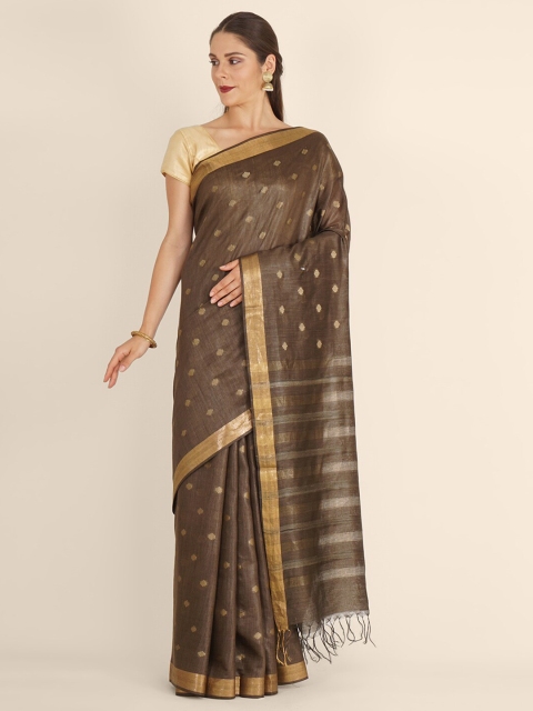 Bangalore Silk Emporium Brown & Gold-Toned Woven Design Zari Linen Blend Kanjeevaram Saree