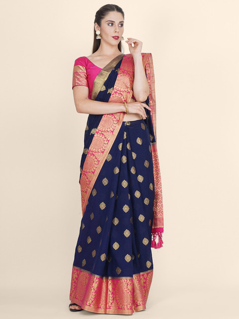 

Bangalore Silk Emporium Navy Blue & Magenta Woven Design Zari Linen Blend Kanjeevaram Saree