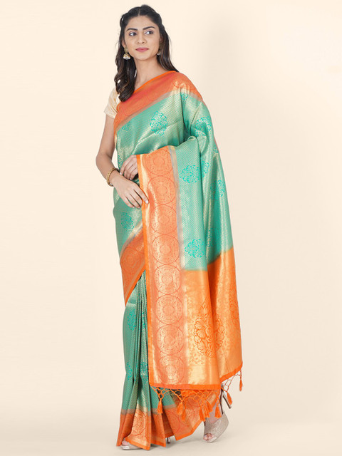 

Bangalore Silk Emporium Green & Orange Woven Design Zari Silk Blend Kanjeevaram Saree