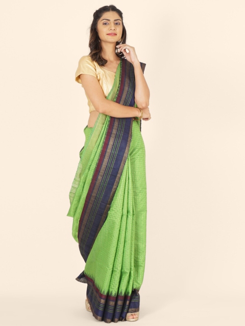 

Bangalore Silk Emporium Green & Blue Striped Art Silk Kanjeevaram Saree