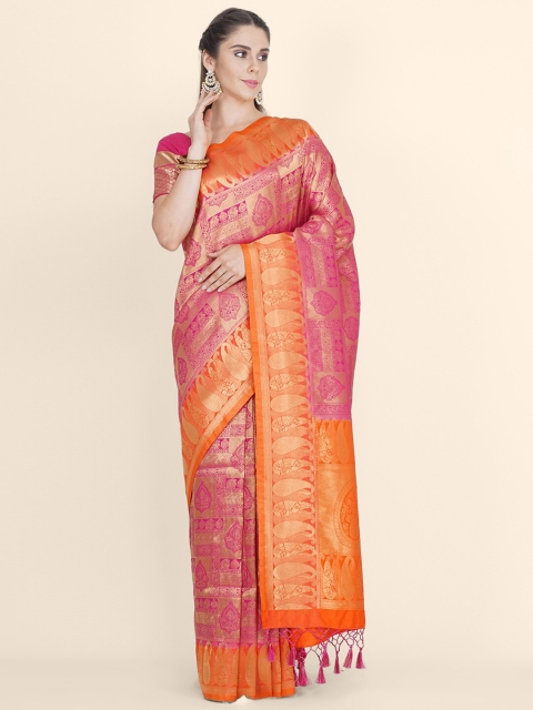 

Bangalore Silk Emporium Pink & Orange Woven Design Zari Satin Kanjeevaram Saree