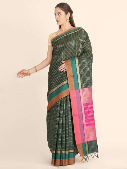 

Bangalore Silk Emporium Green Checked Art Silk Kanjeevaram Saree