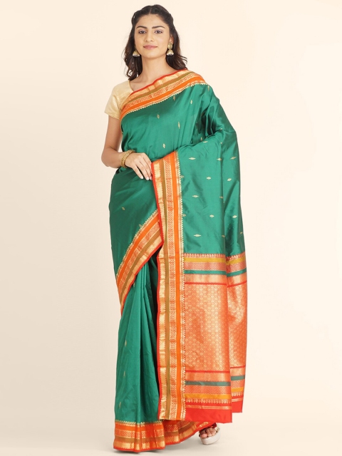 

Bangalore Silk Emporium Green & Orange Woven Design Zari Silk Blend Kanjeevaram Saree