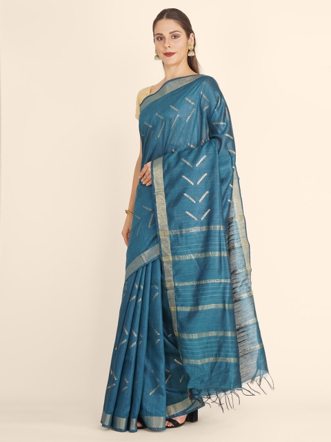 

Bangalore Silk Emporium Blue Woven Design Zari Linen Blend Kanjeevaram Saree