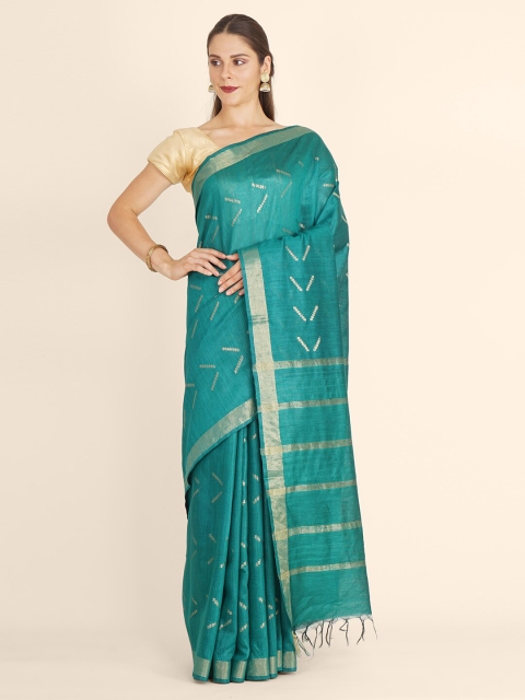 

Bangalore Silk Emporium Green Zari Linen Blend Kanjeevaram Saree