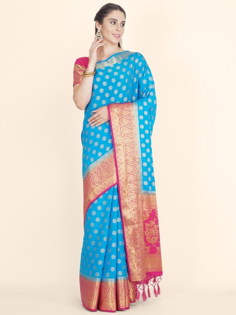 

Bangalore Silk Emporium Blue & Magenta Woven Design Zari Linen Blend Kanjeevaram Saree