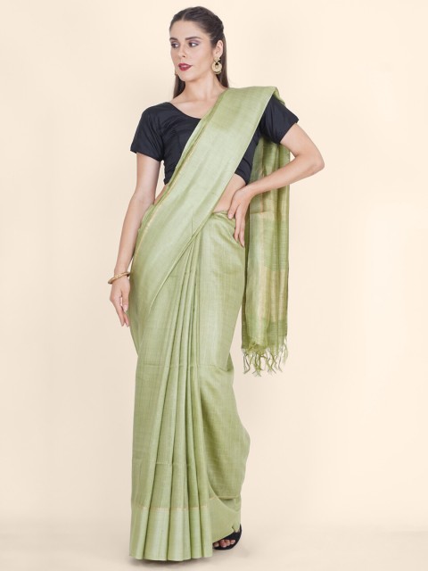 

Bangalore Silk Emporium Green & Gold-Toned Checked Pure Linen Kanjeevaram Saree