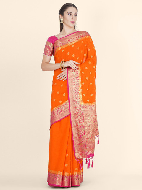 

Bangalore Silk Emporium Orange & Pink Woven Design Zari Linen Blend Kanjeevaram Saree