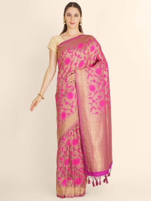 

Bangalore Silk Emporium Pink & Gold-Toned Woven Design Zari Linen Blend Kanjeevaram Saree