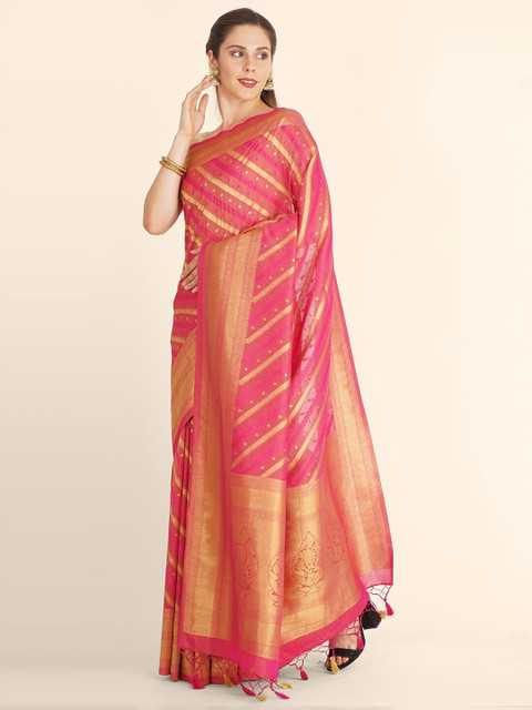 

Bangalore Silk Emporium Pink & Gold-Toned Striped Zari Linen Blend Kanjeevaram Saree