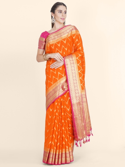 

Bangalore Silk Emporium Orange Woven Design Zari Linen Blend Kanjeevaram Saree