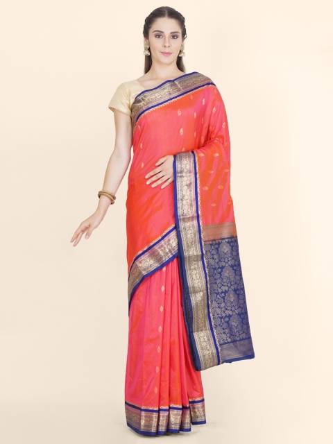 

Bangalore Silk Emporium Red & Blue Woven Design Zari Pure Silk Kanjeevaram Saree