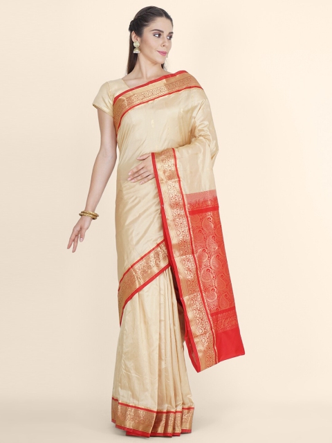 

Bangalore Silk Emporium Cream-Coloured & Red Zari Pure Silk Kanjeevaram Saree