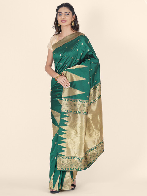 

Bangalore Silk Emporium Green & Gold-Toned Woven Design Zari Silk Blend Kanjeevaram Saree