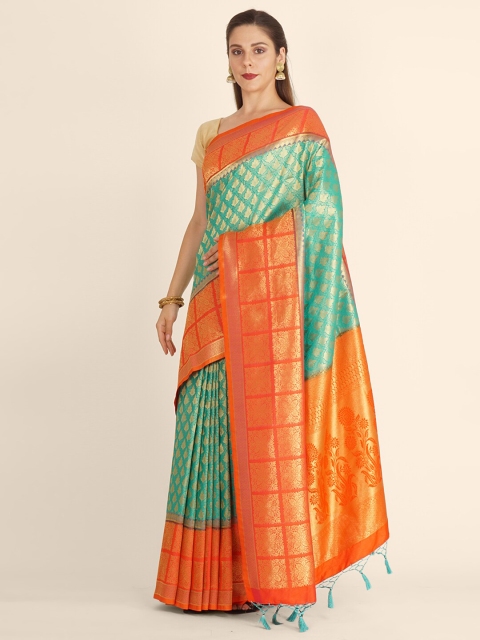 

Bangalore Silk Emporium Green & Orange Ethnic Motifs Zari Satin Kanjeevaram Saree