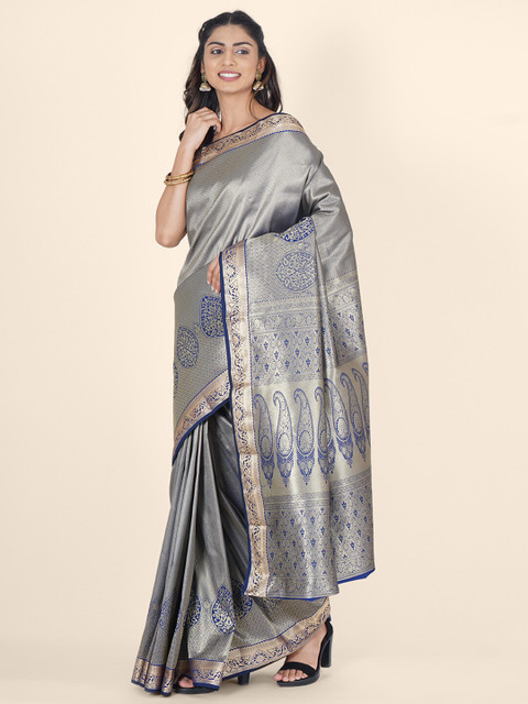 

Bangalore Silk Emporium Blue & Gold-Toned Woven Design Zari Silk Blend Kanjeevaram Saree