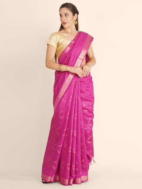 

Bangalore Silk Emporium Pink Woven Design Zari Linen Blend Kanjeevaram Saree