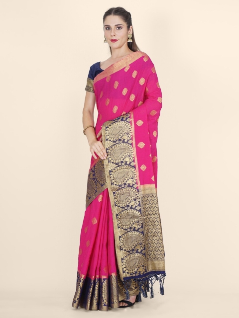 

Bangalore Silk Emporium Pink & Blue Woven Design Zari Linen Blend Kanjeevaram Saree