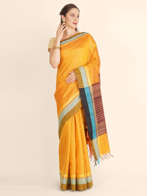 

Bangalore Silk Emporium Mustard Checked Art Silk Kanjeevaram Saree