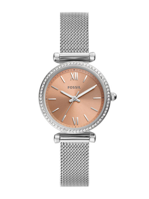 

Fossil Women Pink Embellished Dial & Silver Toned Stainless Steel Bracelet Style Straps Analogue Watch