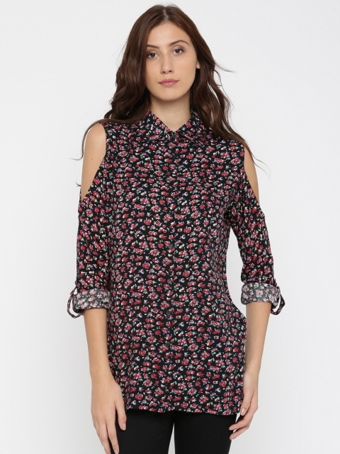

Silly People Women Black & Red Floral Print Cold-Shoulder Shirt