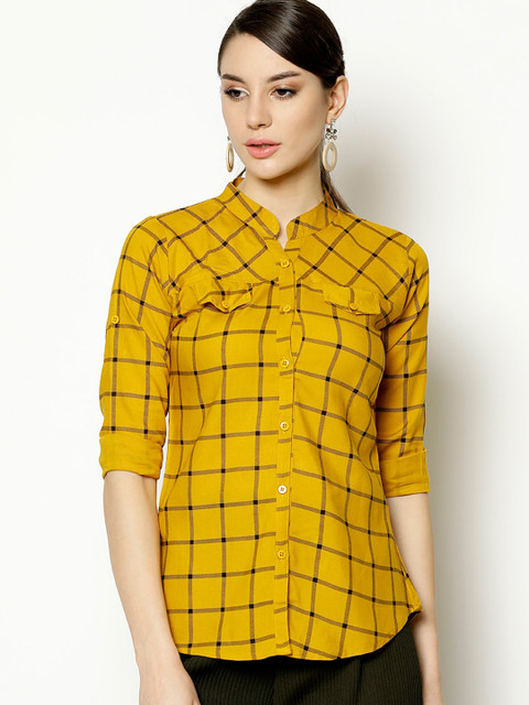 

V2 Value & Variety Women Mustard Windowpane Checks Opaque Casual Shirt